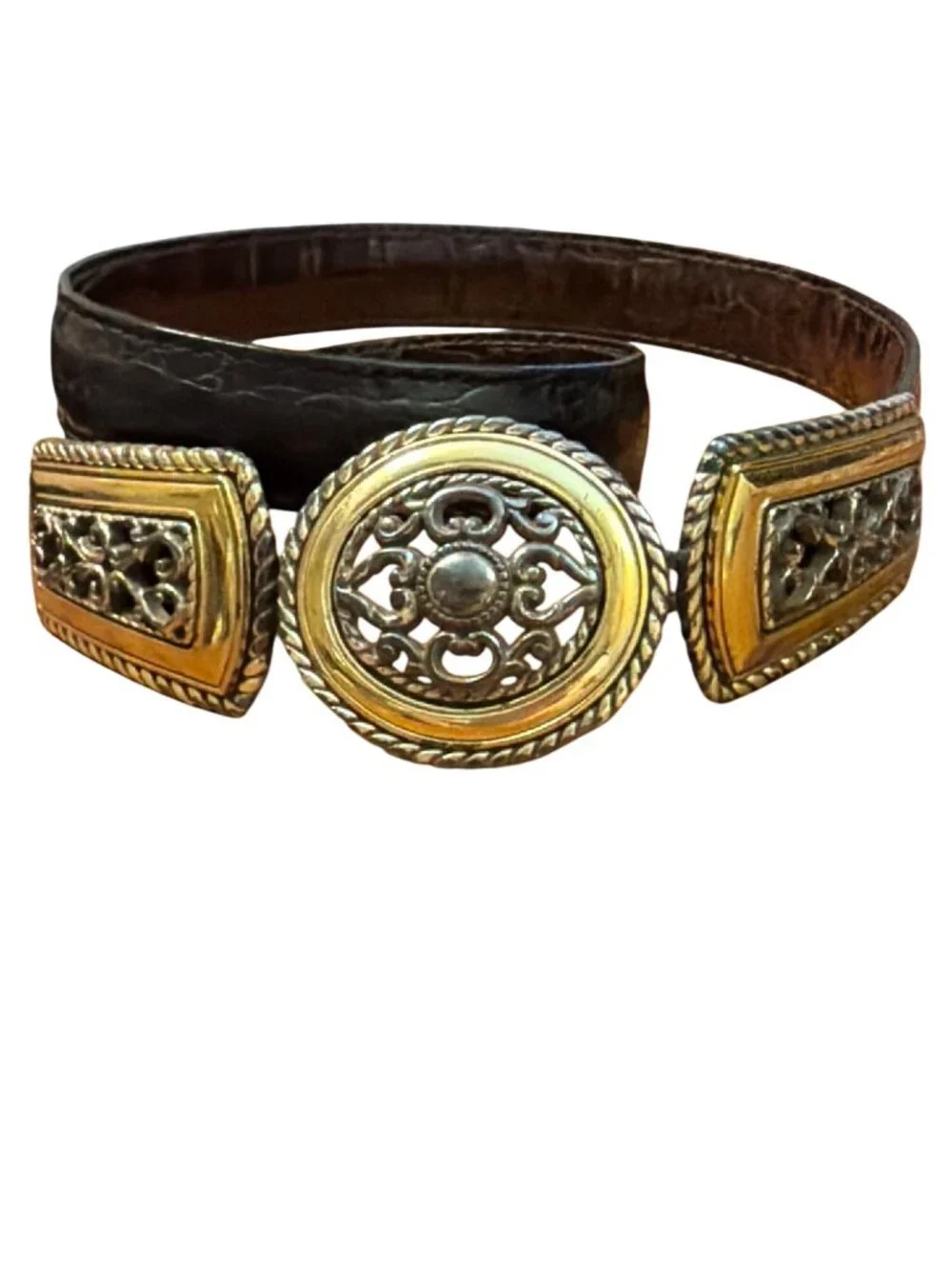 Vtg Brighton Reversible Belt Black Brown Croc Embossed Leather Gold Silver 25